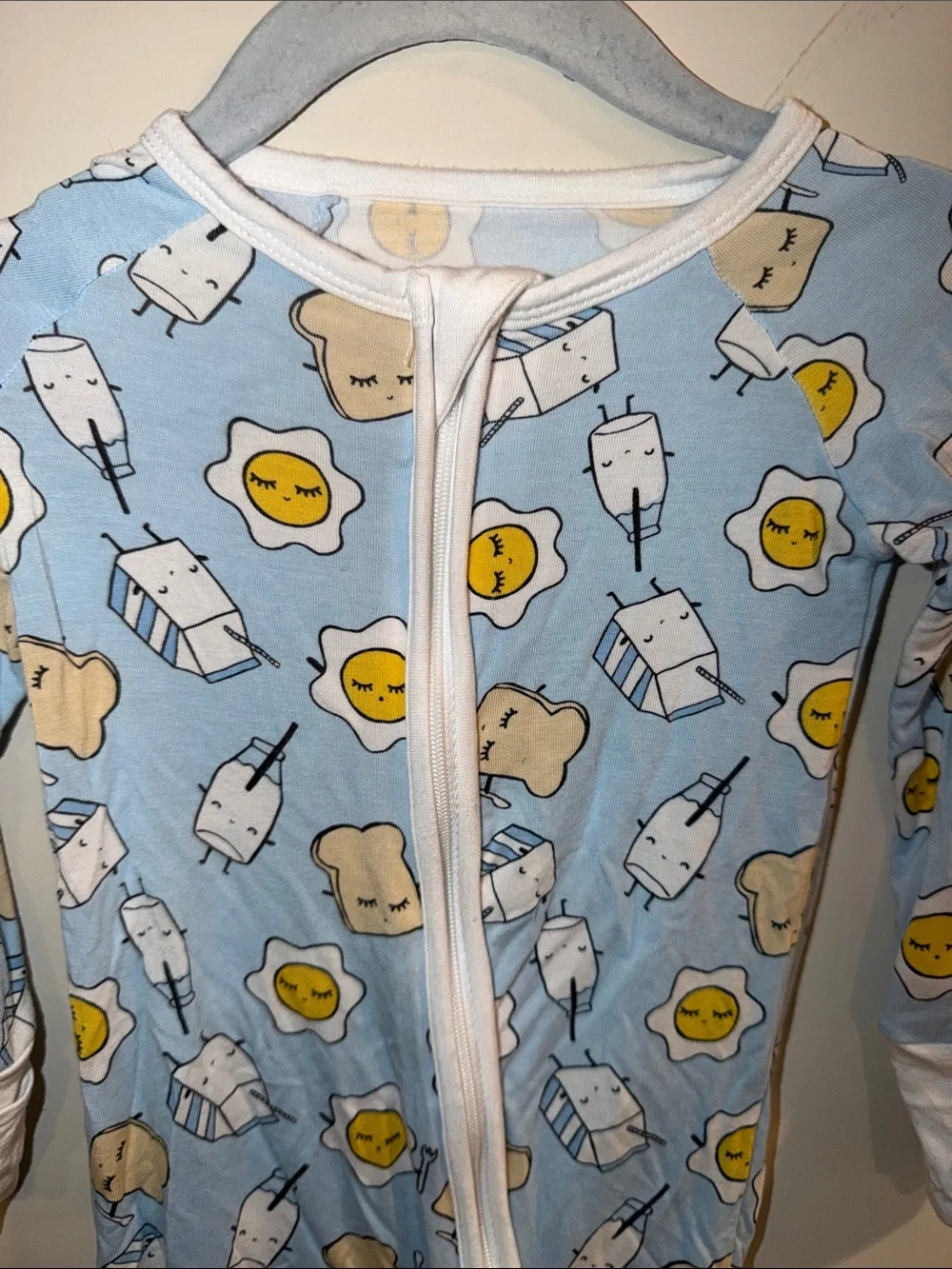 Little Sleepies Light Blue Footie Pajamas with Toast, Egg & Milk Print